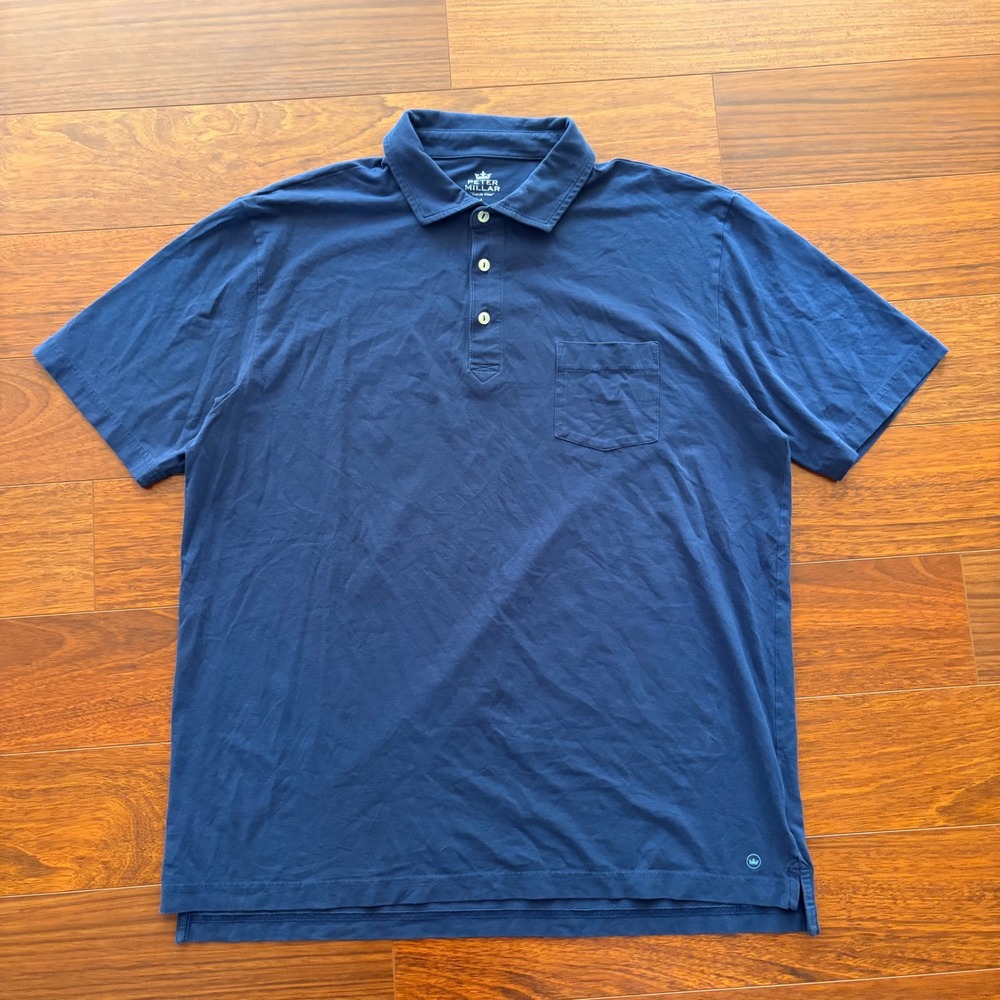 Peter Millar Mens Large Polo Shirt Crown Logo Navy Seaside Wash Cotton Blend